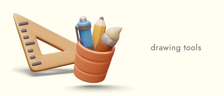 Vektör realistic poster with drawing tools orange cup with paintbrush pen and pencil wooden ruler