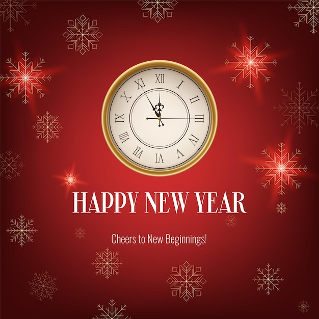 Realistic red Happy New Year banner featuring a clock and snowflakes Christmas themed decorations