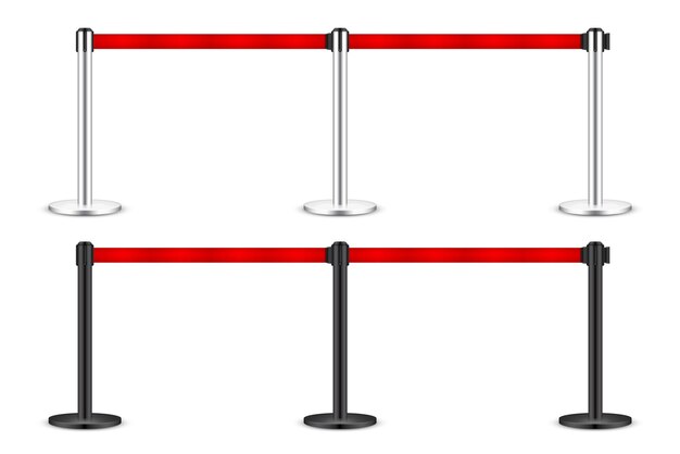 realistic red retractable belt stanchion crowd control barrier posts with caution strap queue lines