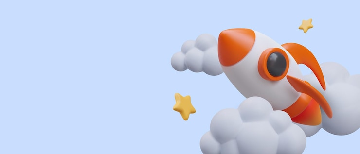 Vektör realistic rocket flies up between clouds and stars commercial horizontal banner