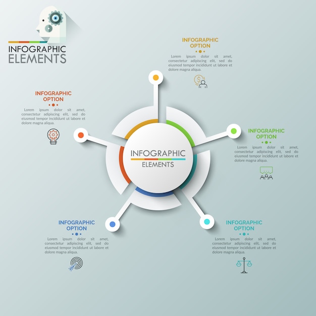 Realistic round diagram consisted of five sectoral parts connected with linear symbols and text boxes. Futuristic element for website interface, concept of navigation tool.