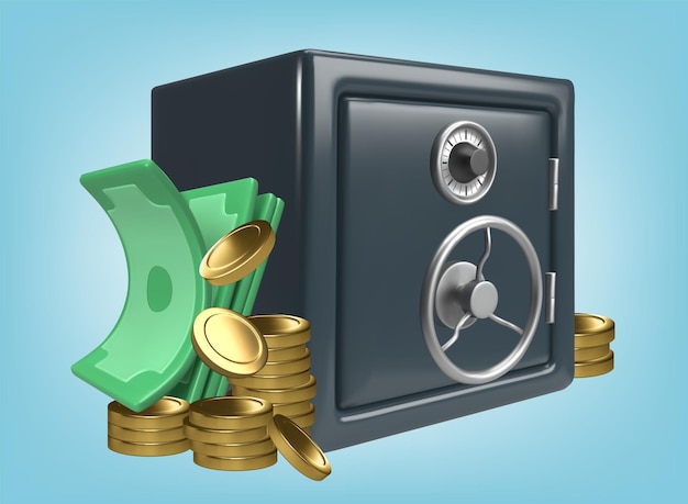 realistic safe and money 3d vector render of dollars and gold coins