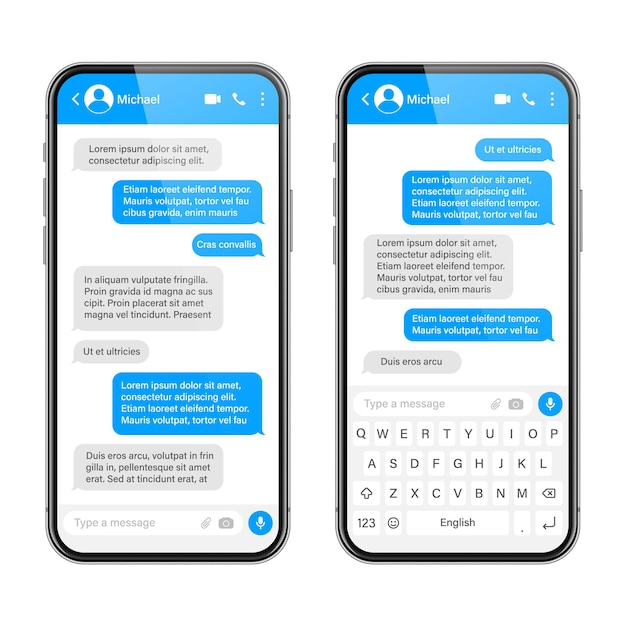 realistic smartphone with messaging app blank sms text frame conversation chat screen with blue
