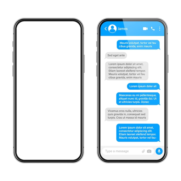 Realistic smartphone with messaging app sms text frame conversation chat screen with blue message