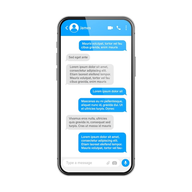 realistic smartphone with messaging app sms text frame conversation chat screen with blue message