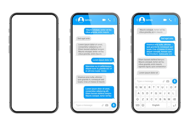 realistic smartphone with messaging app sms text frame conversation chat screen with blue message