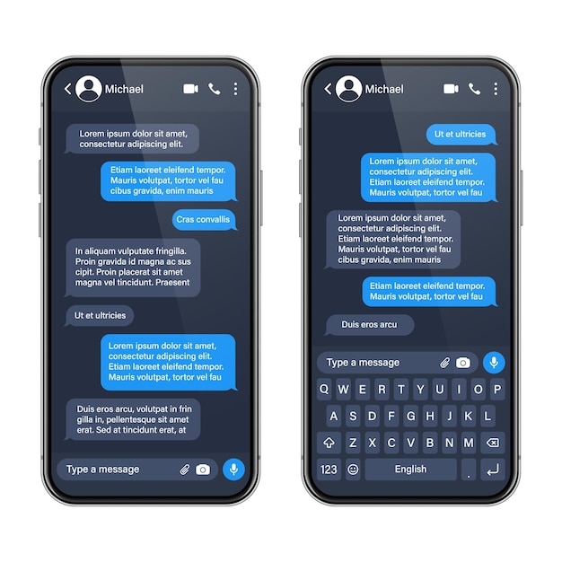 realistic smartphone with messaging app sms text frame conversation chat screen with blue message