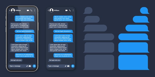 Realistic smartphone with messaging app sms text frame conversation chat screen with blue message