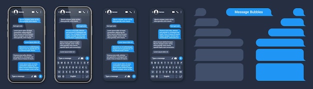 Realistic smartphone with messaging app sms text frame conversation chat screen with blue message