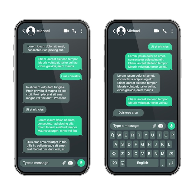 Realistic smartphone with messaging app sms text frame conversation chat screen with green message