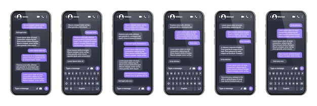 Realistic smartphone with messaging app sms text frame conversation chat screen with violet message