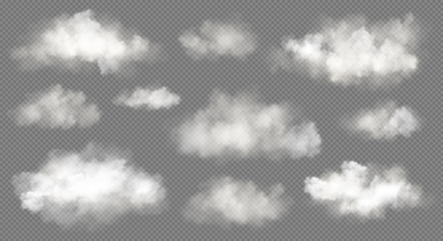 Realistic white cloud or fire smoke in the sky and vector weather element on transparent background