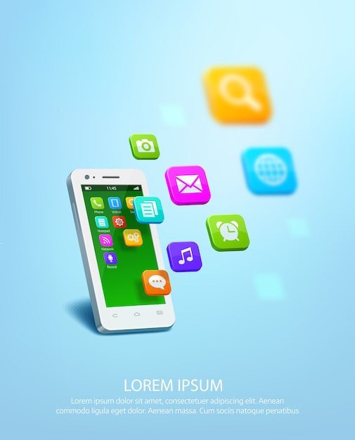 Realistic white smartphone with application colorful icons.