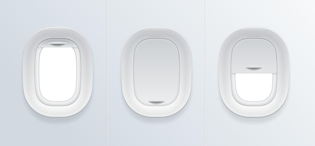 Realistisk detaljerad 3D tom flygplansfönster tom mall Mockup-set Vektorillustration av hyttventil med öppet och stängt glas