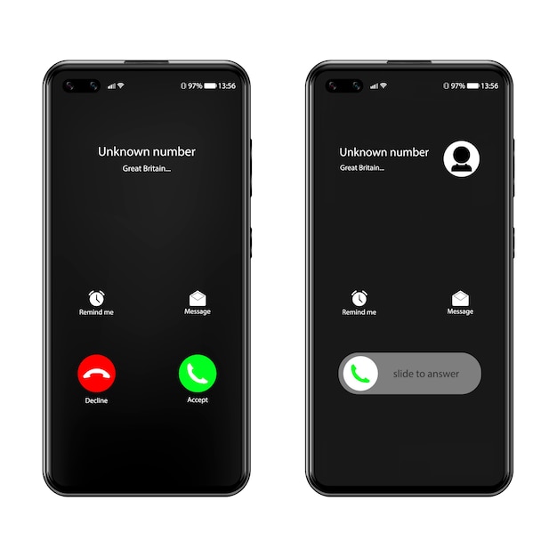 Realistisk sort smartphone på isoleret baggrund, opkaldsskærm, opkaldsgrænseflade, indgående opkald på smartphone-skærm, illustration