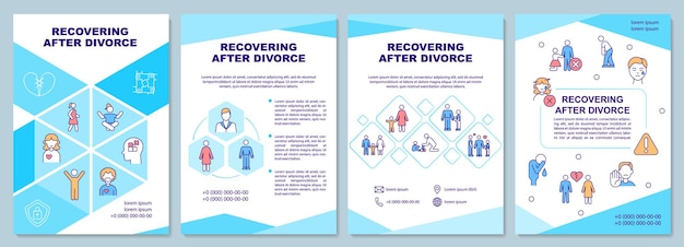 Recovering after divorce blue brochure template. Support care. Booklet print design with linear icons. Vector layouts for presentation, annual reports, ads. Arial-Black, Myriad Pro-Regular fonts used