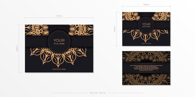 Rectangular Vector postcards in Black color with luxurious patterns Invitation card design with vintage ornament