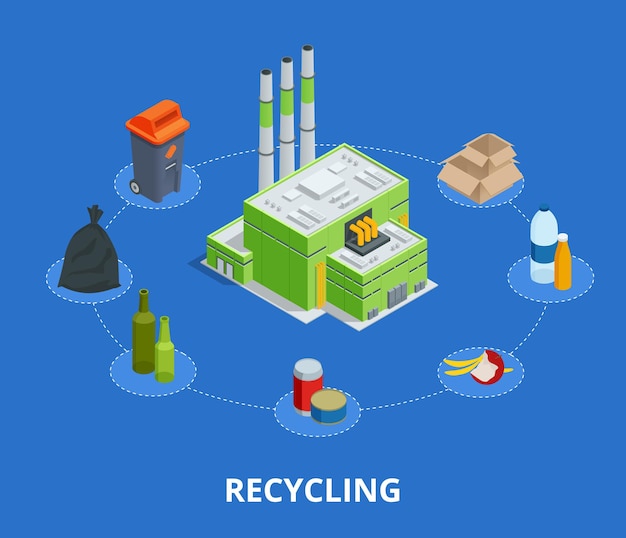 recycling garbage elements trash bags tires management industry utilize waste can vector illustration