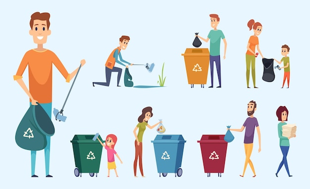 Recycling garbage. People sorting waste protect environment garbage separation process characters.