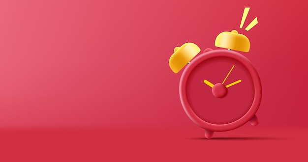 Red 3D alarm clock rings on a red background Modern minimal design for advertising