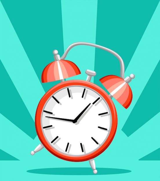 Red alarm clock wake-up time  style  illustration  on turquoise background website page and mobile app 