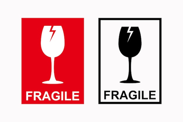 Red and black fragile warning label fragile label with broken glass symbol vector sticker fragile
