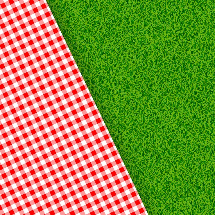 Vektör red and white tablecloth on green grass background