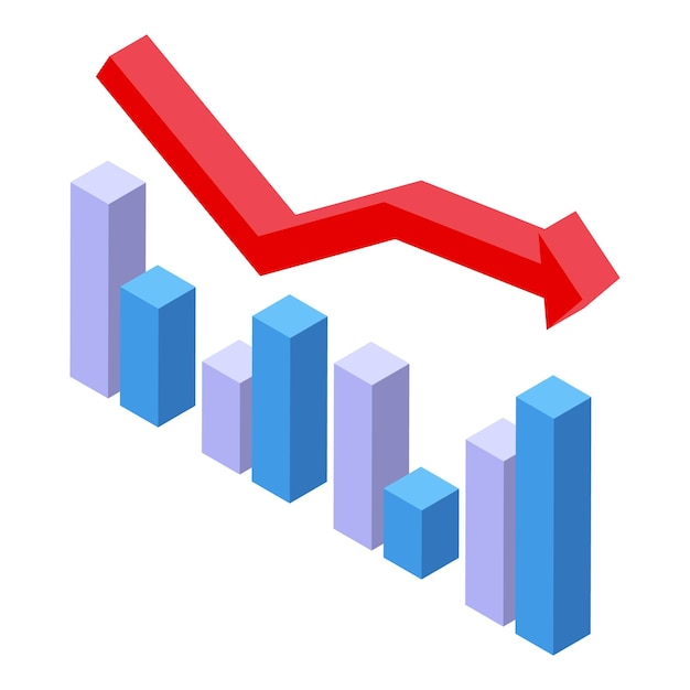 Red arrow pointing down over decreasing graph bars showing losses
