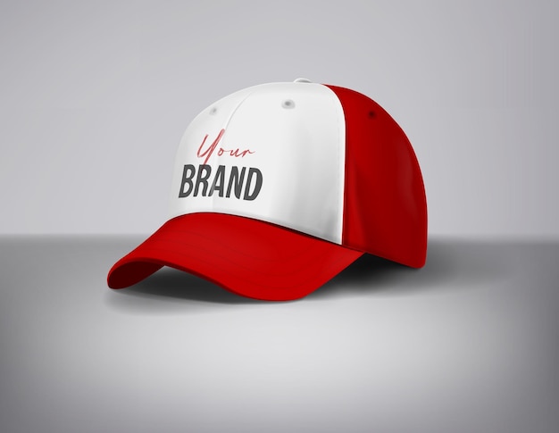 red baseball caps mock up with logo in gray background front sides for branding and advertising