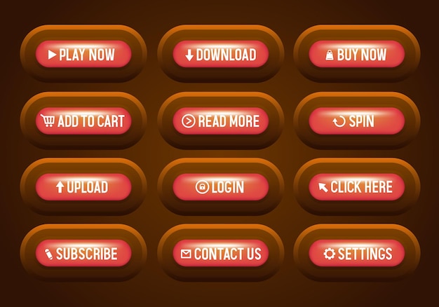 Red buttons in a brown frame Buttons for the website Vector set