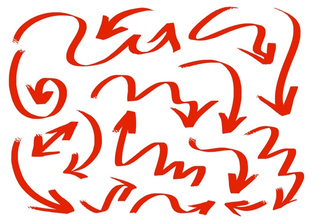 Red charcoal hand draw arrows collection Brush strokes artistic grunge vector arrows
