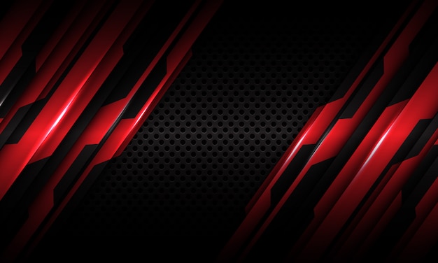 Red circuit metallic dark grey circle mesh futuristic technology background.
