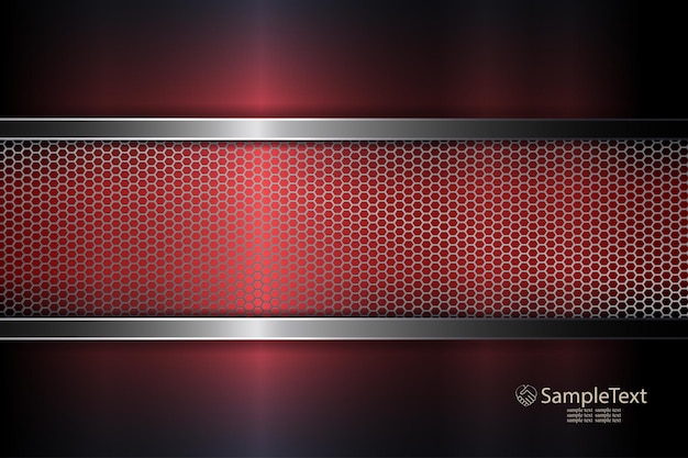 Red dark geometric composition with metal mesh frame