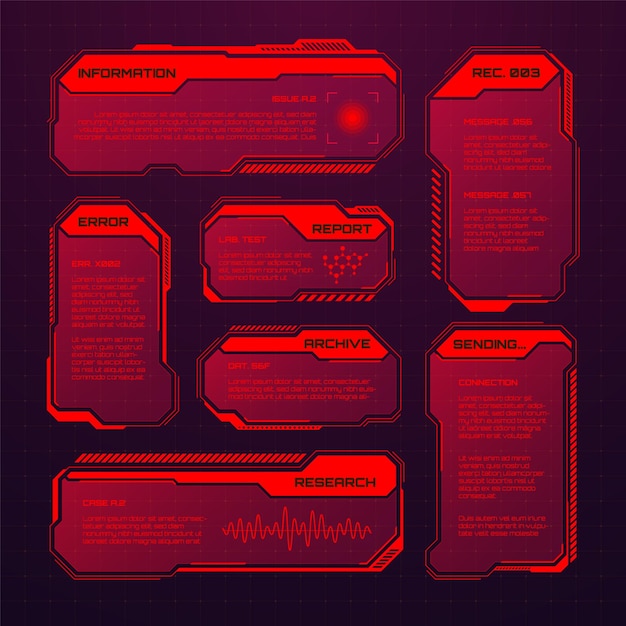 Red futuristic hud or ui elements scifi user interface text boxes callouts warning message frames