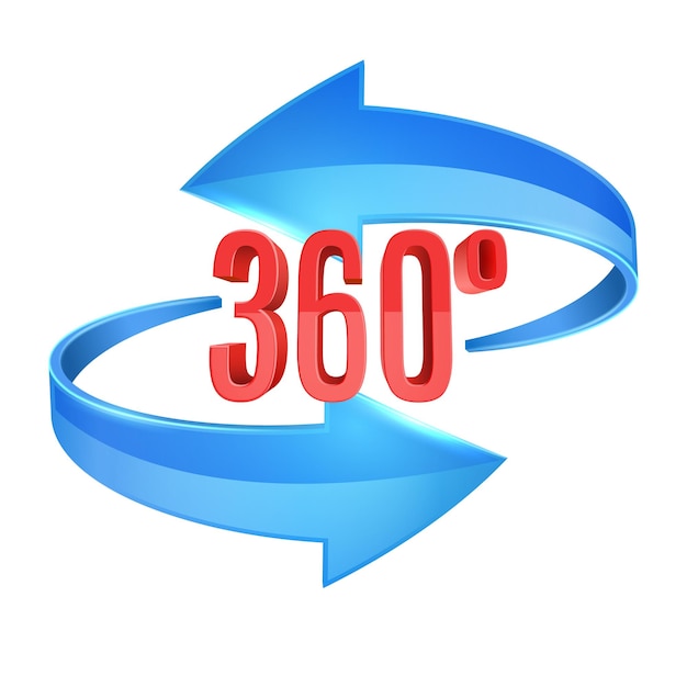 Red glossy 3D arrow 360 sing Arrow vector icon 3d vector icon Angle 360 degrees view sign Virtual reality