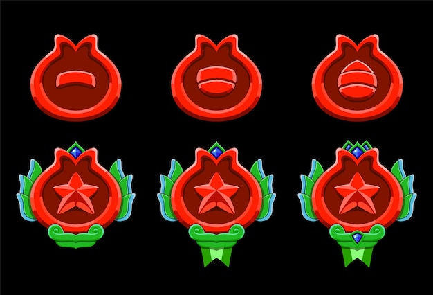 Red green patent level rank game badge set vector Fantasy style gemstone wings ribbon and star