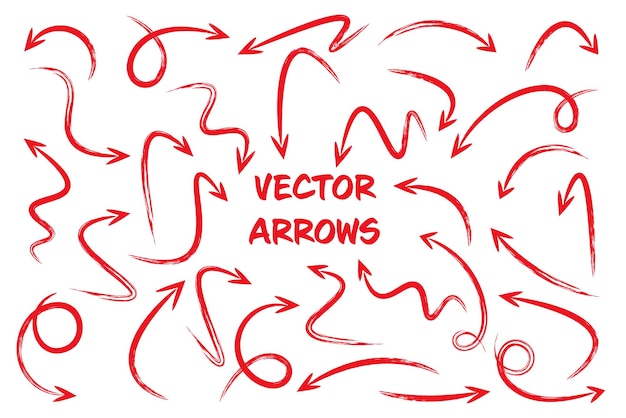 Red grunge hand drawn arrows isolated on white background doodle arrow zigzag and round pointers