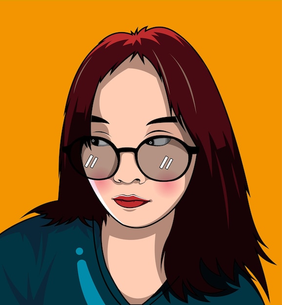 red hair girl with glasses and orange background