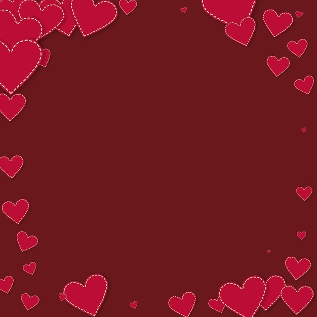 Red heart love confettis. Valentine's day vignette mind-blowing background. Falling stitched paper hearts confetti on maroon background. Extraordinary vector illustration.