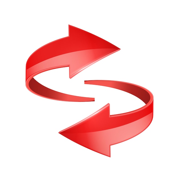 red realistic 3d glossy arrows are moving towards realistic recycling symbol set isolated on white background