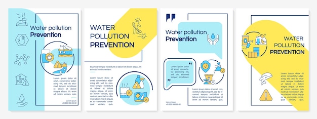 Reducing water pollution blue and yellow brochure template Conservation tips Leaflet design with linear icons 4 vector layouts for presentation annual reports Questrial LatoRegular fonts used