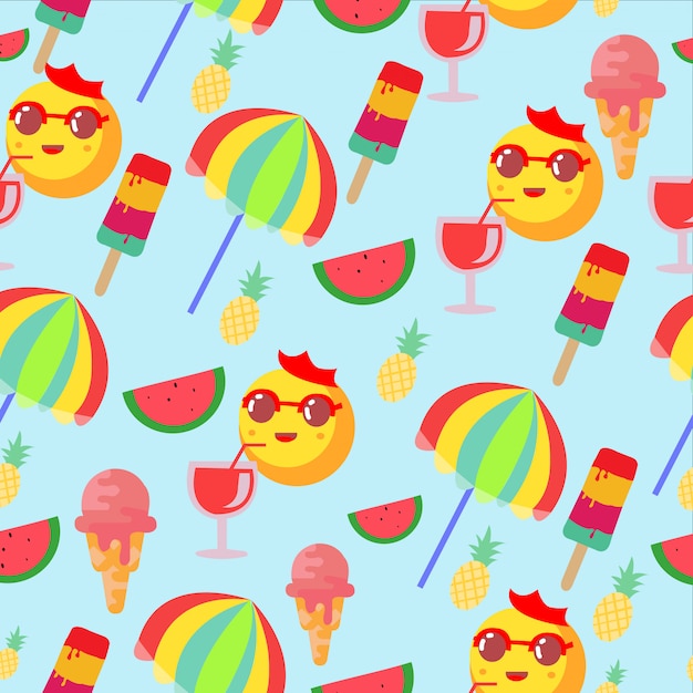 refreshing summer pattern with as watermelon, ice cream, pineapple and oranges drinking cold water