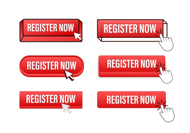 Register now Button with pointer clicking Register now web buttons set User interface element in f
