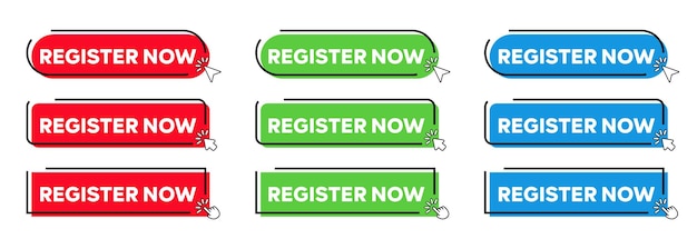 Register now Buttons with Click cursor or arrow point Modern Simple Web Action Button Vector