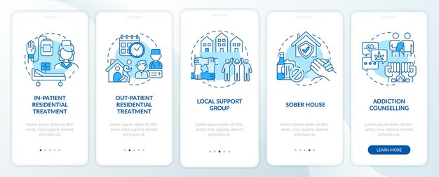 Rehabilitation types onboarding mobile app page screen with concepts