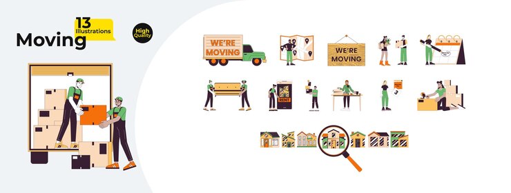 Vektör relocation moving line cartoon flat illustration bundle