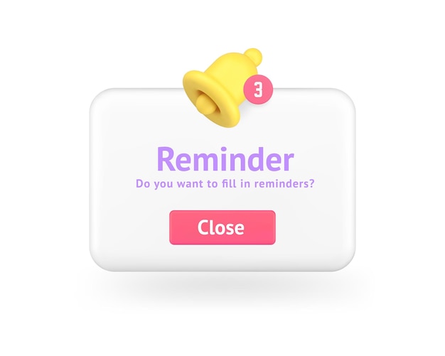Reminder push notification window settings application button ring bell 3d icon realistic vector