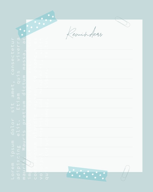 Reminders blank sheet of paper light blue paper clips and washi tape vintage scrapbooking style