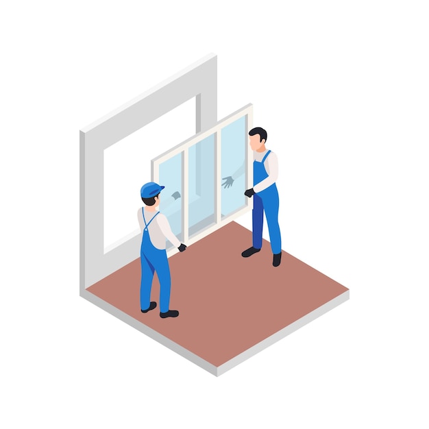 Renovation repair works isometric composition with pair of workers installing new window