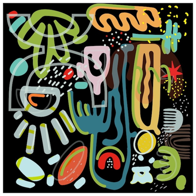 repeat doodle art print pattern with different shapes on dark black background color